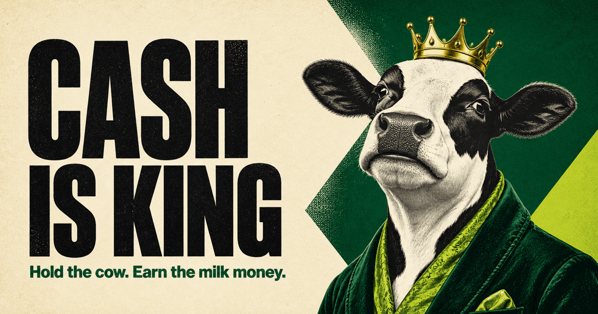 A crowned CashCow beside the words Cash Is King